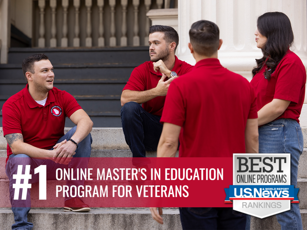 Multiple veterans conversing by a set of stairs. Text saying "#1 Online Master's in Education Program for Veterans."