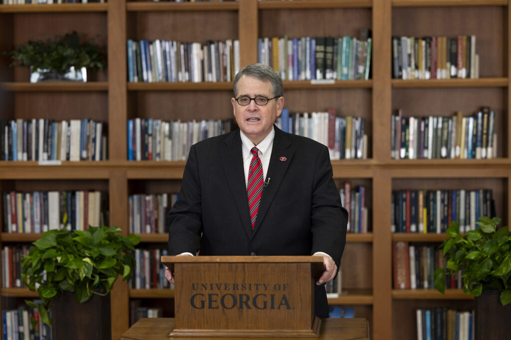 President Morehead on a podium delivering his 2023 State of the University address