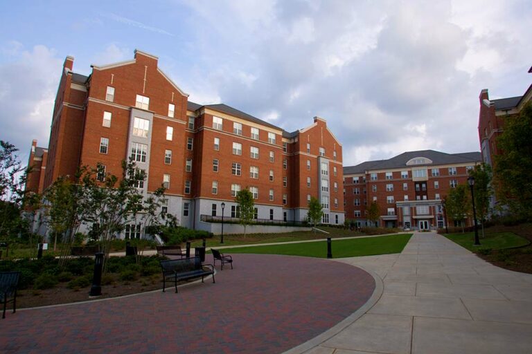 Front view of East Campus Village residence halls.
