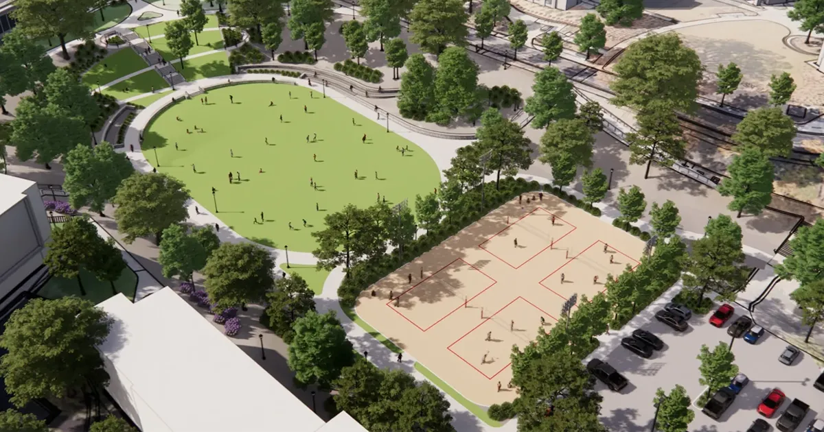 Photo of the updated plans for the Legion Field redevelopment that adds four volleyball courts, expands student recreation and preserves space for outdoor gathering in the heart of campus.