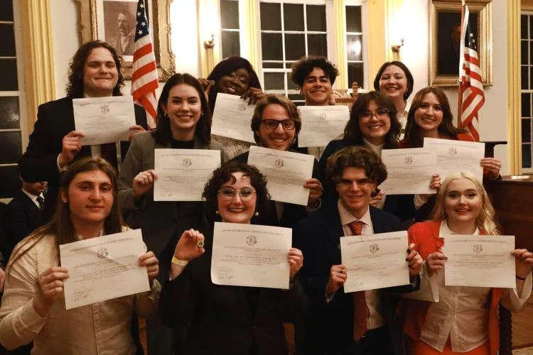 Demosthenian Literary Society members honored with Speaker's Key posing with their certificates on Feb. 21. The award recognizes those with strong speaking skills and outstanding membership in the society. (Photo Courtesy/Valor Lekas @photosbyvalor)